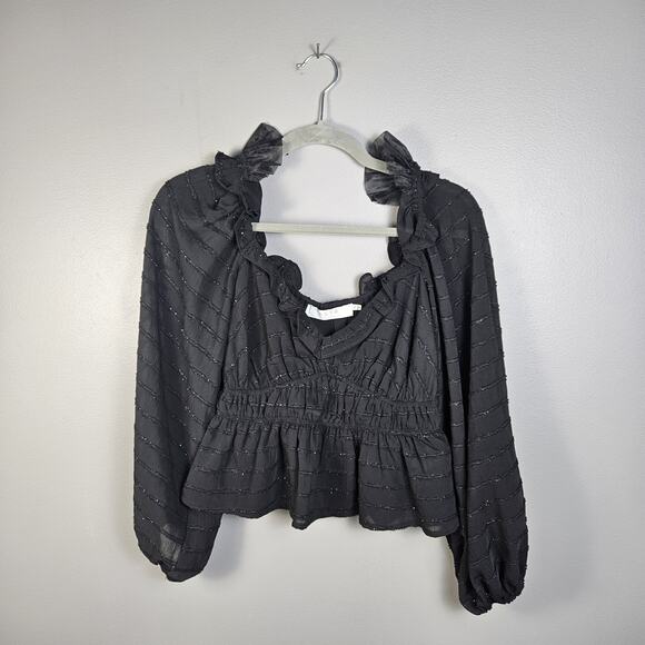 ASTR The Label Top Size XS Black Sparkle V Neck Balloon Sleeve Witchy Peasant - Picture 1 of 6